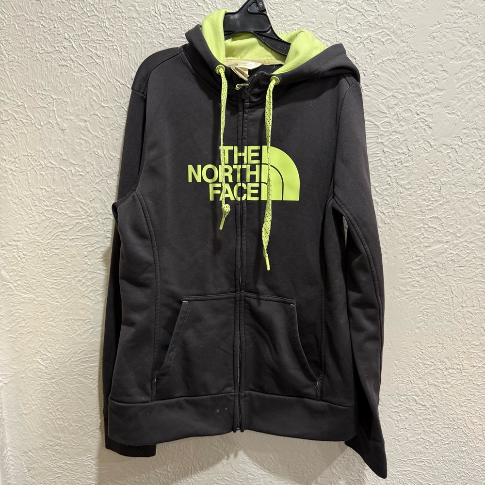 The North Face Zip Up Hoodie gray with green logo size small see stain